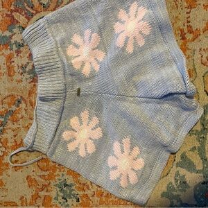 Blue Knit Shorts with Pink Flower Design